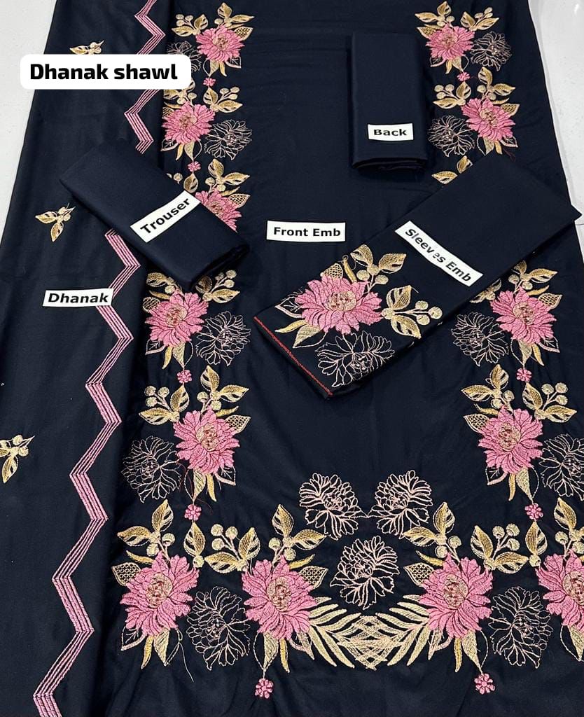 BLUE TULIP -3PC EMBROIDERED DHANAK DRESS WITH EMBROIDERED DHANAK WOOL SHAWL- FSW-01