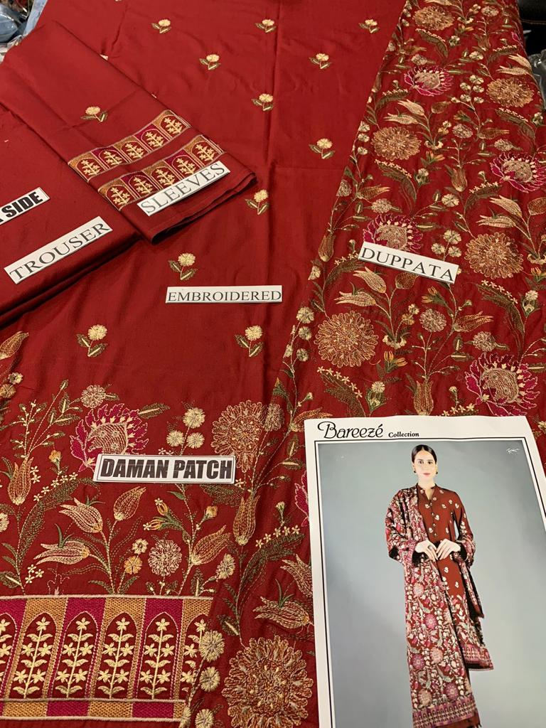 BAREEZE -3PC EMBROIDERED DHANAK DRESS WITH EMBROIDERED WOOL SHAWL- FW-41