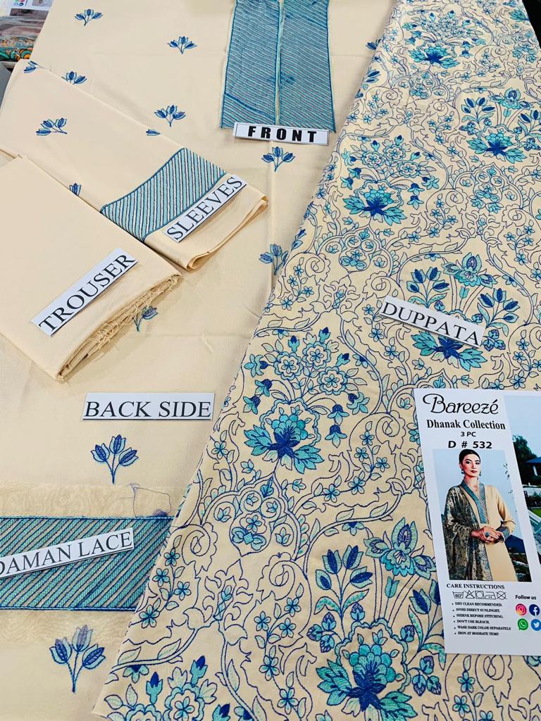 BAREEZE -3PC EMBROIDERED DHANAK DRESS WITH EMBROIDERED DHANAK SHAWL- FW-42