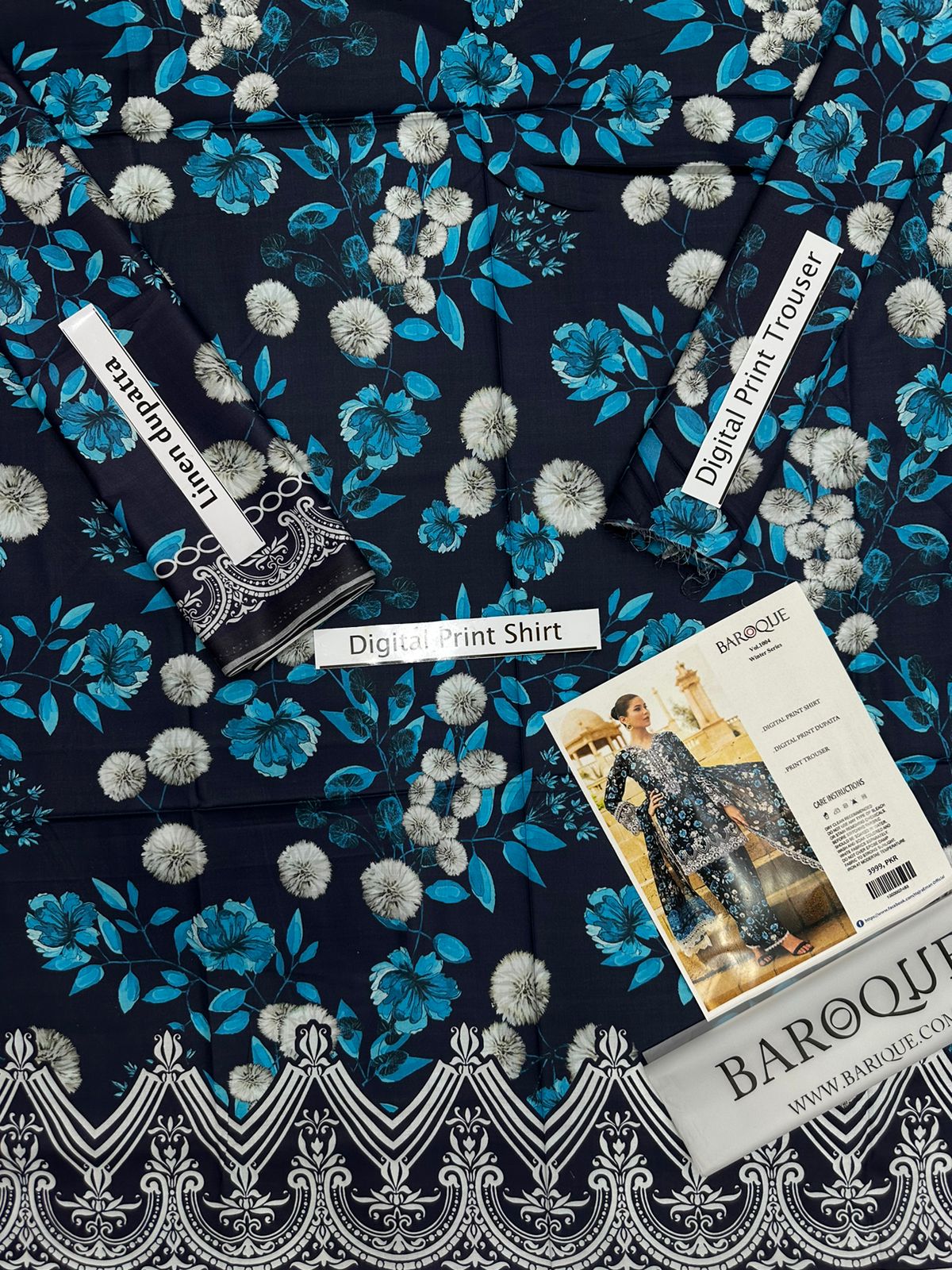 BAROQUE -3PC PRINTED LAWN DRESS WITH PRINTED LINEN DUPATTA- FW-09