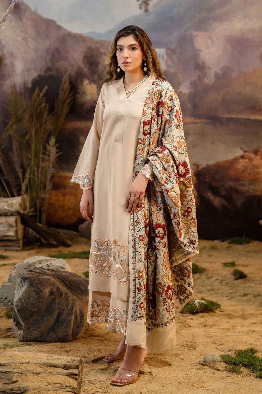 NATASHA KAMAL -3PC EMBROIDERED DHANAK DRESS WITH DHANAK WOOL SHAWL- FW-138
