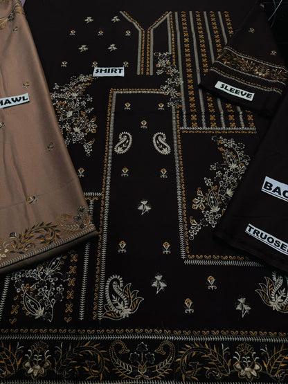 NAOMI -3PC EMBROIDERED DHANAK DRESS WITH 4 SIDE EMBROIDERED DHANAK WOOL SHAWL- FW-131