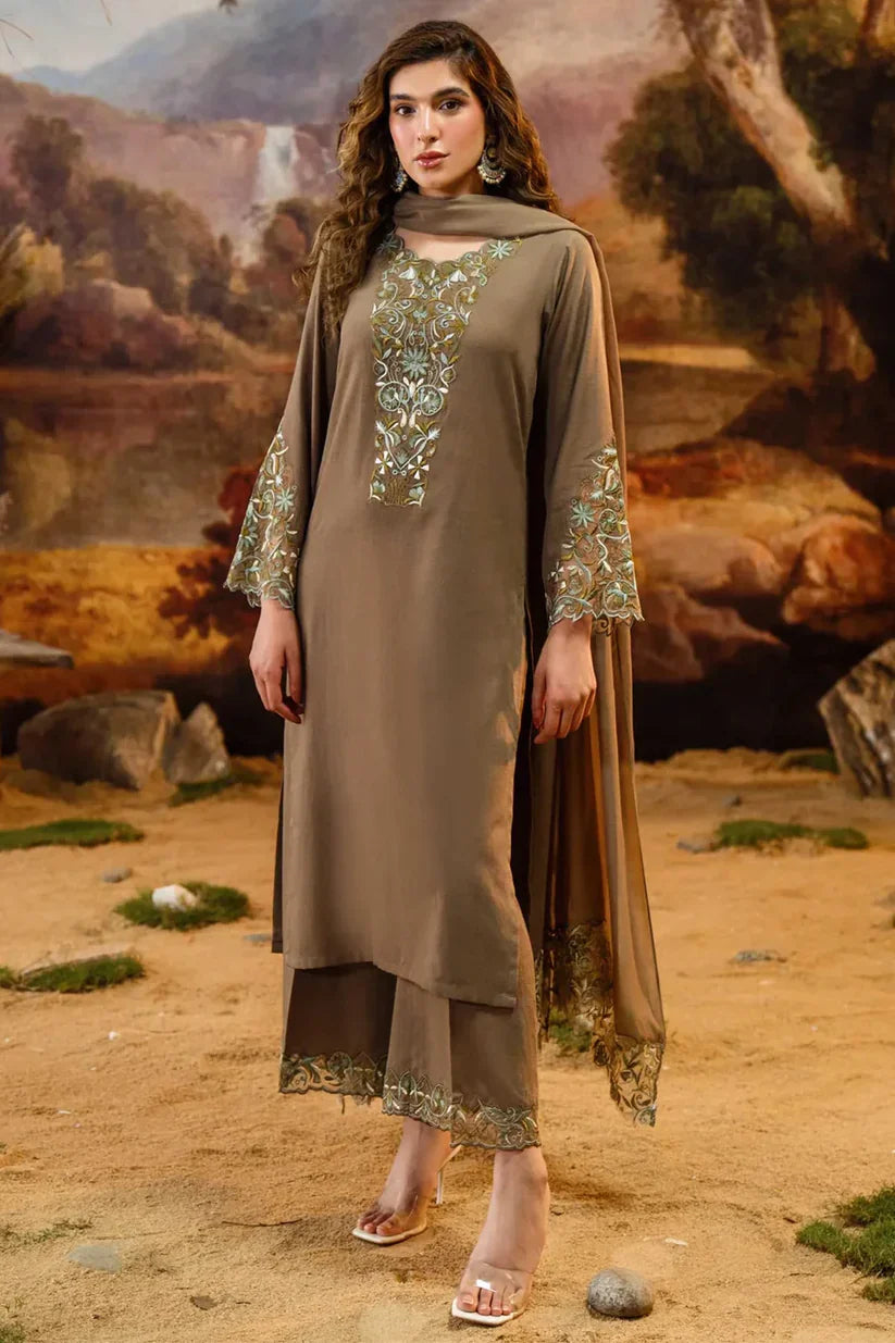 NATASHA KAMAAL -3PC EMBROIDERED DHANAK DRESS WITH EMBROIDERED DHANAK WOOL SHAWL- FW-132