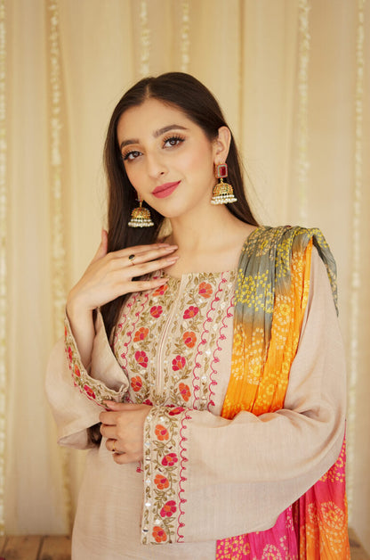 AISLING -3PC EMBROIDERED DHANAK DRESS WITH DHANAK WOOL SHAWL- FW-133