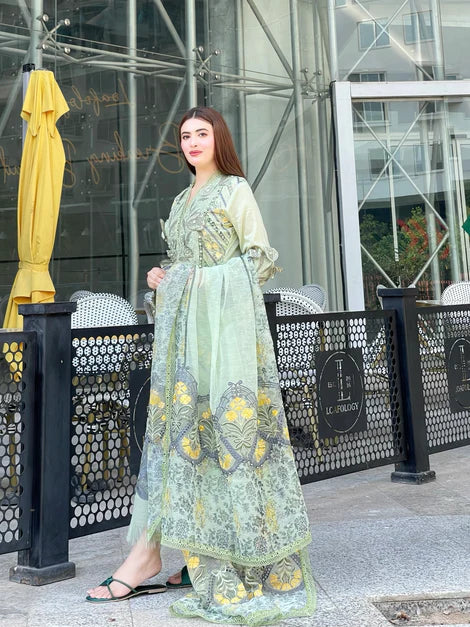 Women Clothes -EMBROIDED CUTWORK LINEN DRESS WITH FOUR SIDE EMBROIDED COTTON ORGANZA DUPATTA FN-142