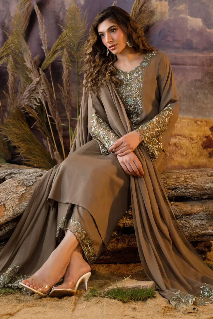 NATASHA KAMAAL -3PC EMBROIDERED DHANAK DRESS WITH EMBROIDERED DHANAK WOOL SHAWL- FW-132