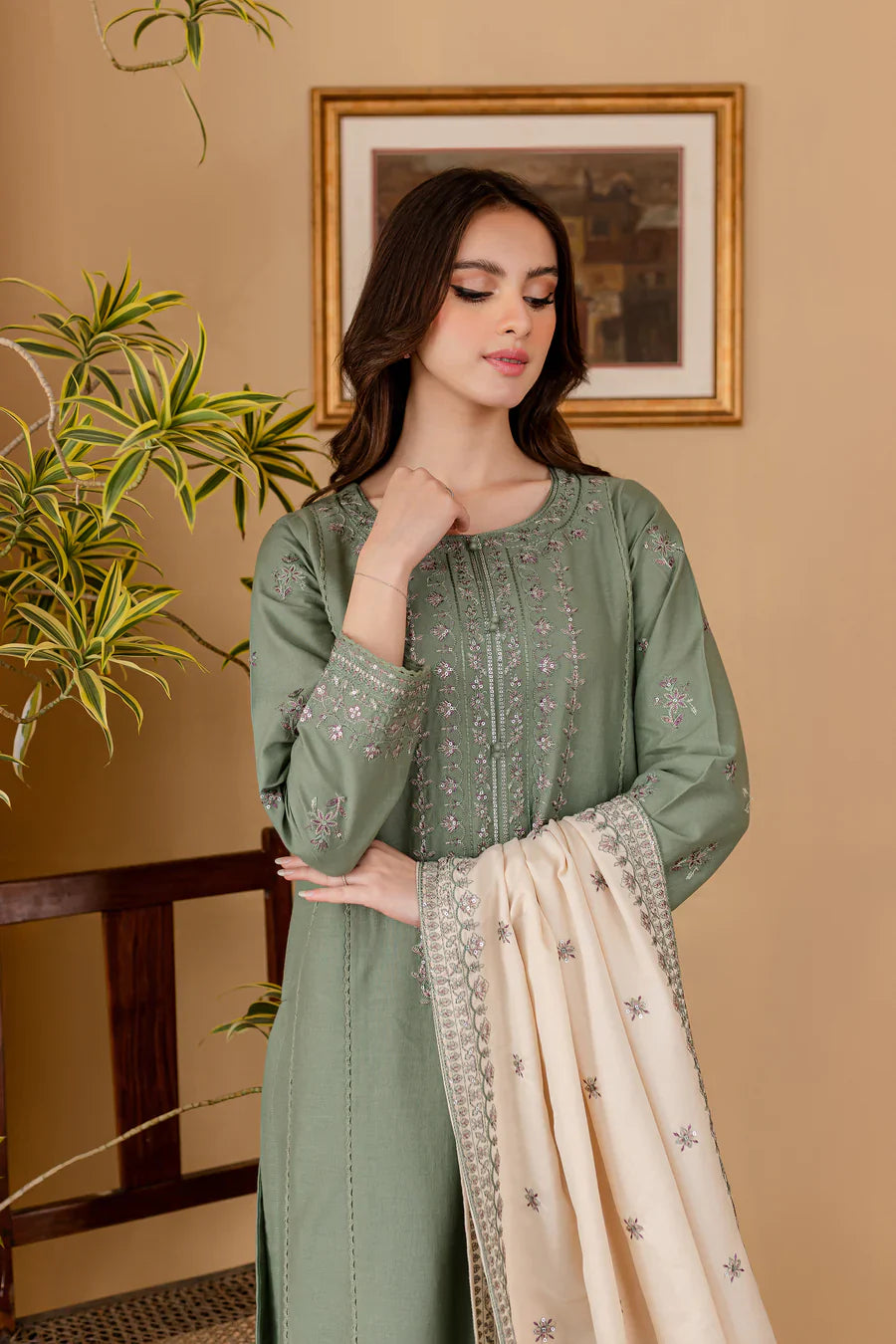 BATIK -3PC EMBROIDERED DHANAK DRESS WITH EMBROIDERED DHANAK WOOL SHAWL- FW-142