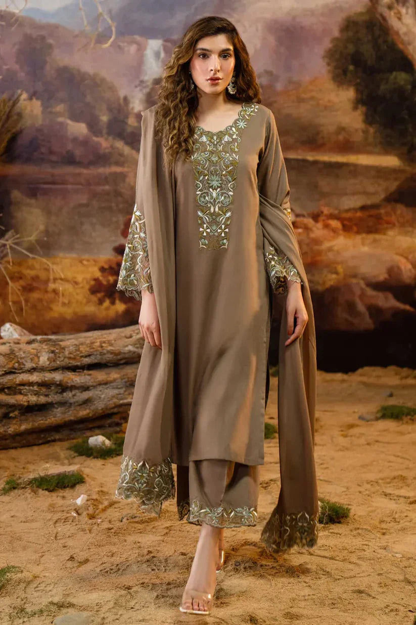 NATASHA KAMAAL -3PC EMBROIDERED DHANAK DRESS WITH EMBROIDERED DHANAK WOOL SHAWL- FW-132