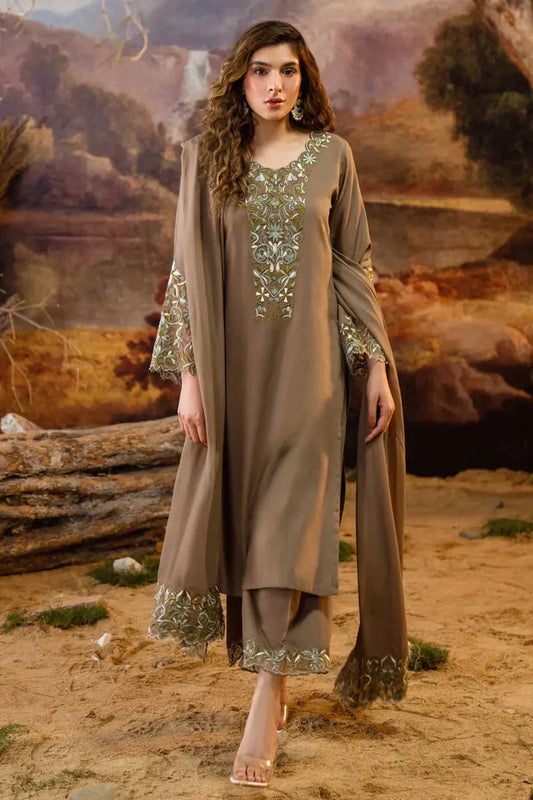 NATASHA KAMAAL -3PC EMBROIDERED DHANAK DRESS WITH EMBROIDERED DHANAK WOOL SHAWL- FW-132