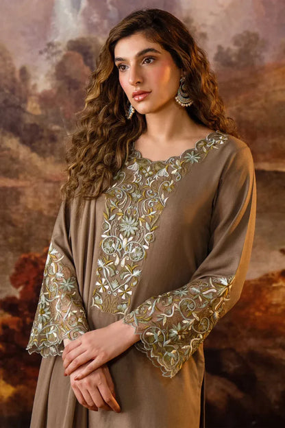 NATASHA KAMAAL -3PC EMBROIDERED DHANAK DRESS WITH EMBROIDERED DHANAK WOOL SHAWL- FW-132