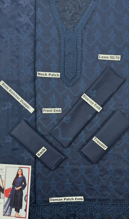 BAREEZE -3PC EMBROIDED LAWN DRESS WITH EMROIDED CHIFFON DUPATTA- EL-16