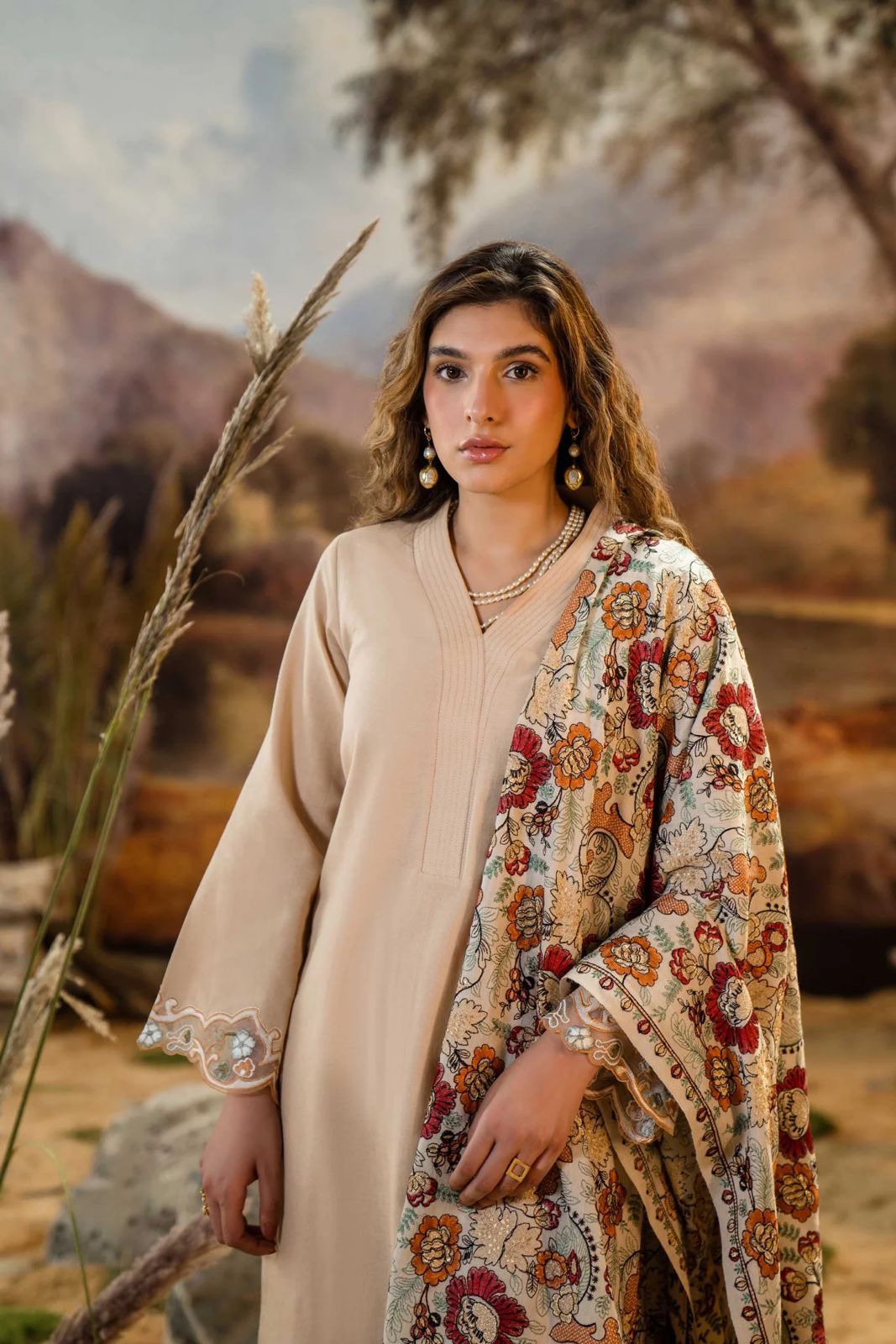 NATASHA KAMAL -3PC EMBROIDERED DHANAK DRESS WITH DHANAK WOOL SHAWL- FW-138