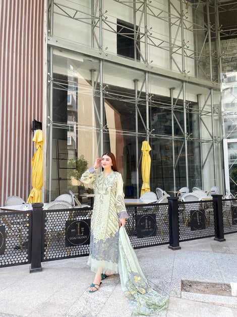 Women Clothes -EMBROIDED CUTWORK LINEN DRESS WITH FOUR SIDE EMBROIDED COTTON ORGANZA DUPATTA FN-142