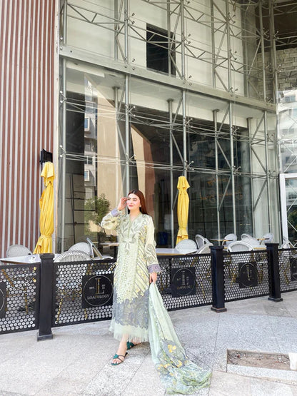 Women Clothes -EMBROIDED CUTWORK LINEN DRESS WITH FOUR SIDE EMBROIDED COTTON ORGANZA DUPATTA FN-142