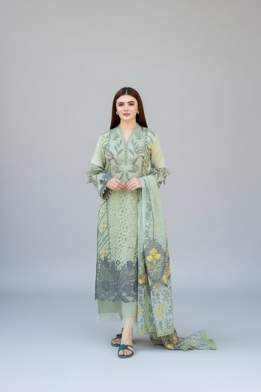 Women Clothes -EMBROIDED CUTWORK LINEN DRESS WITH FOUR SIDE EMBROIDED COTTON ORGANZA DUPATTA FN-142