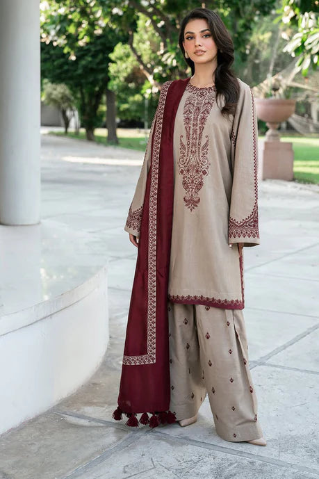 BAROQUE-3PC DHANAK EMBROIDERED SHIRT WITH DHANAK EMBROIDERED SHAWL AND EMB TROUSER-FW-230