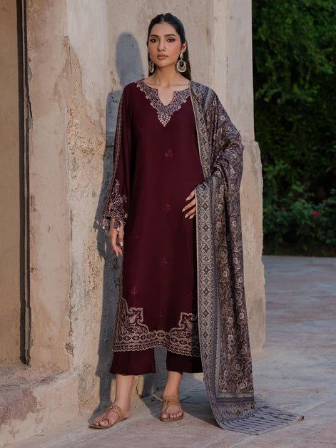 IZEL-3PC DHANAK EMBROIDERED SHIRT WITH COURTRAI PRINTED SHAWL & TROUSER-FW-224