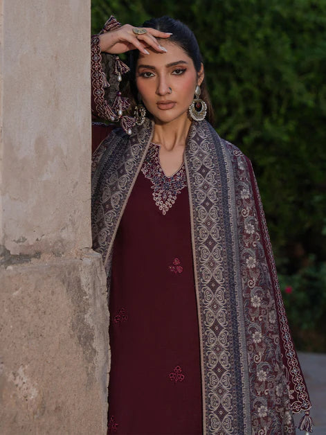 IZEL-3PC DHANAK EMBROIDERED SHIRT WITH COURTRAI PRINTED SHAWL & TROUSER-FW-224