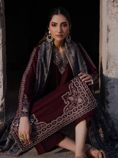 IZEL-3PC DHANAK EMBROIDERED SHIRT WITH COURTRAI PRINTED SHAWL & TROUSER-FW-224