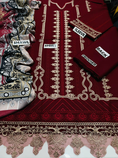 MARIA.B -3PC EMBROIDERED DHANAK DRESS WITH DHANAK WOOL SHAWL- FW-140