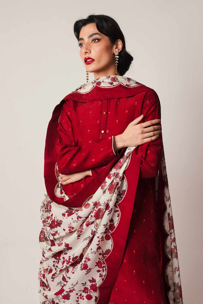 ZARA SHAHJAHAN -3PC EMBROIDERED DHANAK DRESS WITH DHANAK WOOL SHAWL- FW-135