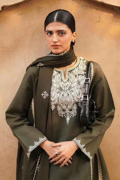 ZARA SHAHJAHAN -3PC EMBROIDERED DHANAK DRESS WITH EMBROIDERED DHANAK WOOL SHAWL- FW-107