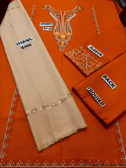 ZARA SHAHJAHAN -3PC EMBROIDERED DHANAK DRESS WITH EMBROIDERED DHANAK WOOL SHAWL- FW-108