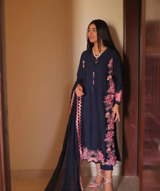 BLUE TULIP -3PC EMBROIDERED DHANAK DRESS WITH EMBROIDERED DHANAK WOOL SHAWL- FSW-01