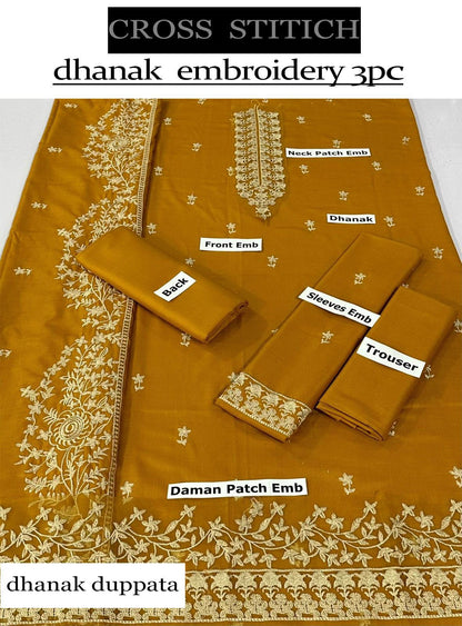 CROSS STITCH -3PC EMBROIDERED DHANAK DRESS WITH EMBROIDERED DHANAK WOOL SHAWL- FSW-07