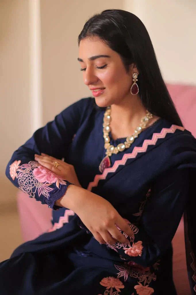 BLUE TULIP -3PC EMBROIDERED DHANAK DRESS WITH EMBROIDERED DHANAK WOOL SHAWL- FSW-01