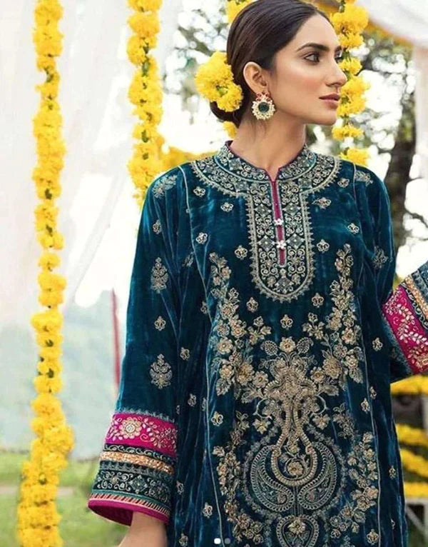 MARIA.B -3PC HEAVY EMBROIDERED VELVET DRESS WITH PRINTED SILK SHAWL DUPATTA- FPW-84