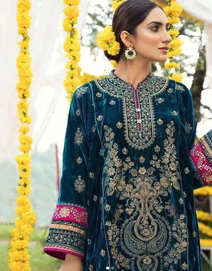 MARIA.B -3PC HEAVY EMBROIDERED VELVET DRESS WITH PRINTED SILK SHAWL DUPATTA- FPW-84