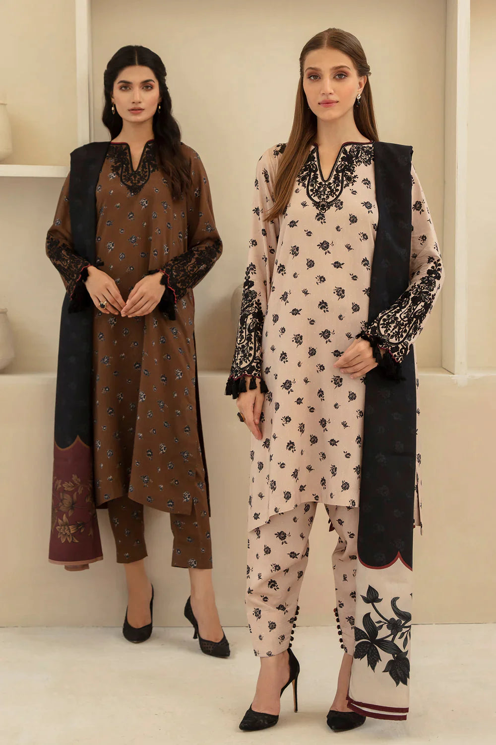 BAROQUE -3PC EMBROIDERED DHANAK DRESS WITH WOOL SHAWL- FW-84