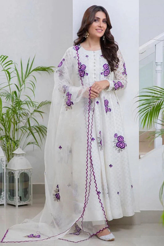 ANSAB JAHANGIR -3PC EMBROIDERED LINEN DRESS WITH EMBROIDERED CHIFFON DUPATTA- FW-21