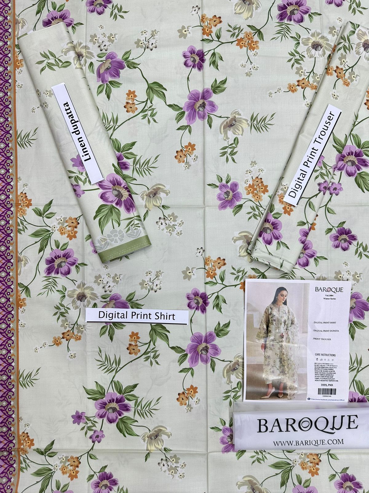 BAROQUE -3PC PRINTED LINEN DRESS WITH PRINTED LINEN DUPATTA- FW-36