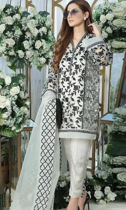 BAREEZE -3PC EMBROIDERED LINEN DRESS WITH EMBROIDERED CHIFFON DUPATTA- FW-97