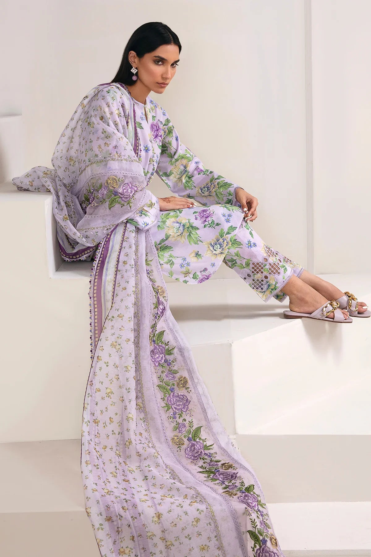 BAROQUE -3PC PRINTED LINEN DRESS WITH PRINTED LINEN DUPATTA- FW-36