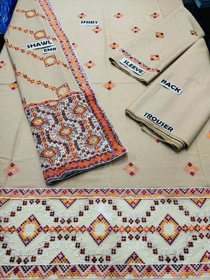 BAREEZE -3PC EMBROIDERED DHANAK DRESS WITH 4 SIDE EMBROIDERED DHANAK WOOL SHAWL- FW-106