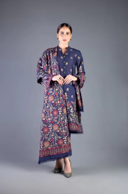 BAREEZE -3PC EMBROIDERED DHANAK DRESS WITH EMBROIDERED WOOL SHAWL- FW-41