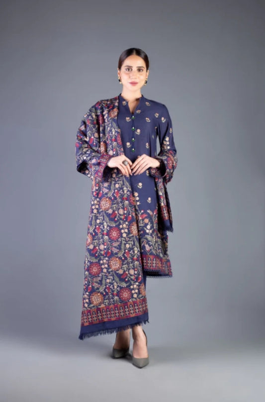 BAREEZE -3PC EMBROIDERED DHANAK DRESS WITH EMBROIDERED WOOL SHAWL- FW-41