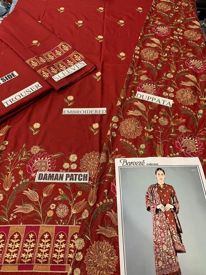 BAREEZE -3PC EMBROIDERED DHANAK DRESS WITH EMBROIDERED WOOL SHAWL- FW-41