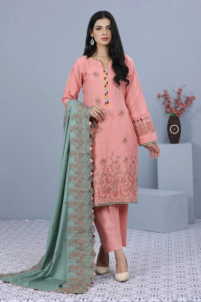 ROSY OPAL -3PC EMBROIDERED LINEN DRESS WITH EMBROIDED CHIFFON DUPATTA- FW-15
