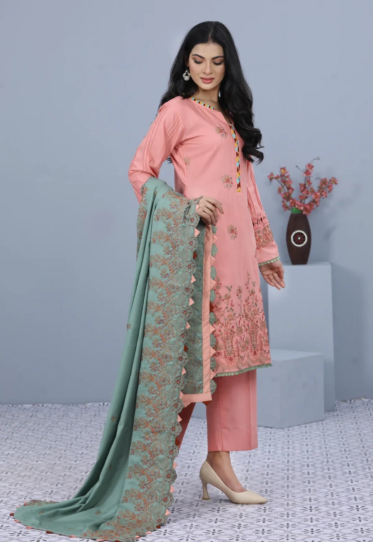 ROSY OPAL -3PC EMBROIDERED LINEN DRESS WITH EMBROIDED CHIFFON DUPATTA- FW-15