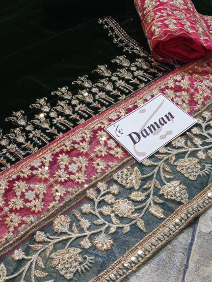 ZAINAB CHOTHANI -EMBROIDED FANCY VELVET DRESS WITH HEAVY EMBROIDED ORGANZA DUPATTA 4 SIDE LACE STITCH ON SILK- FPW-03