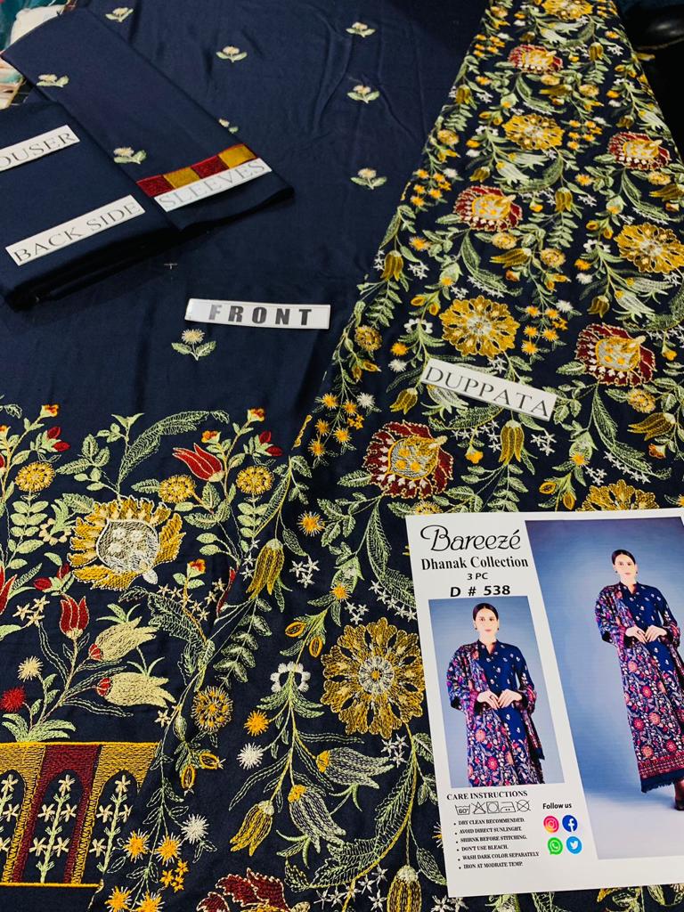 BAREEZE -3PC EMBROIDERED DHANAK DRESS WITH EMBROIDERED WOOL SHAWL- FW-41