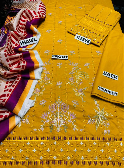 JAZMIN -3PC EMBROIDERED CHICKEN KARI DHANAK DRESS WITH DHANAK WOOL SHAWL- FW-102