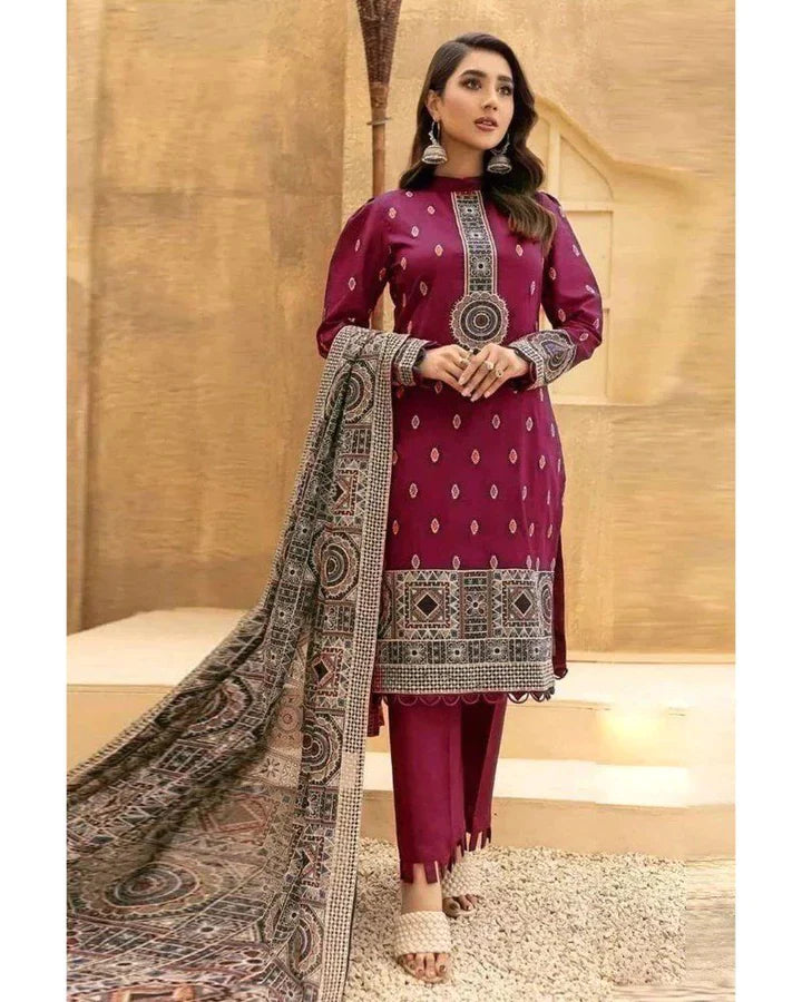 BAREEZE -3PC EMBROIDERED DHANAK DRESS WITH FULLY EMBROIDERED DHANAK SHAWL- FW-37