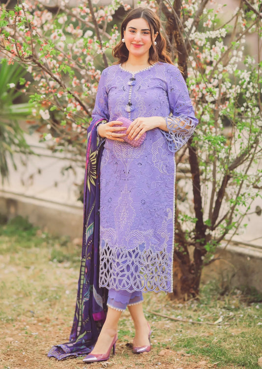 MUSHQ -3PC EMBROIDERED CUTWORK LINEN DRESS WITH SILK DUPATTA- FW-32
