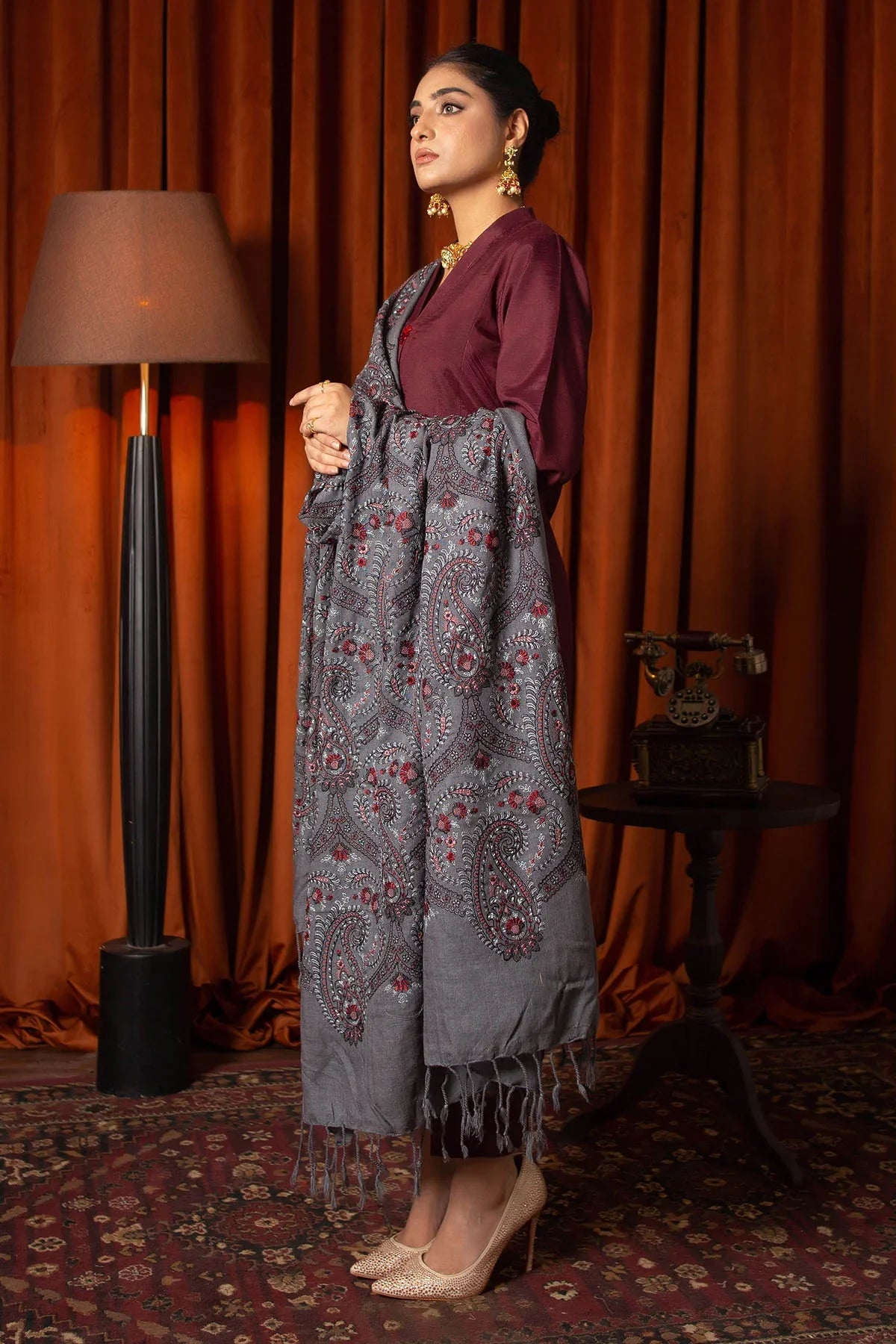 MOTIFZ -3PC EMBROIDED DHANAK DRESS WITH EMBROIDED DHANAK WOOL SHAWL- FCW-03