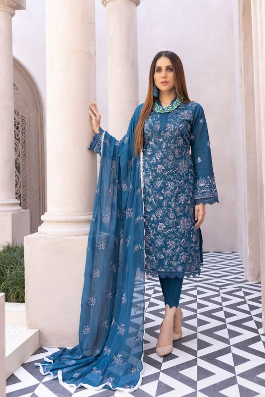 MANIZAY -3PC EMBROIDERED KARANDI DRESS WITH EMBROIDERED CHIFFON DUPATTA- FW-47